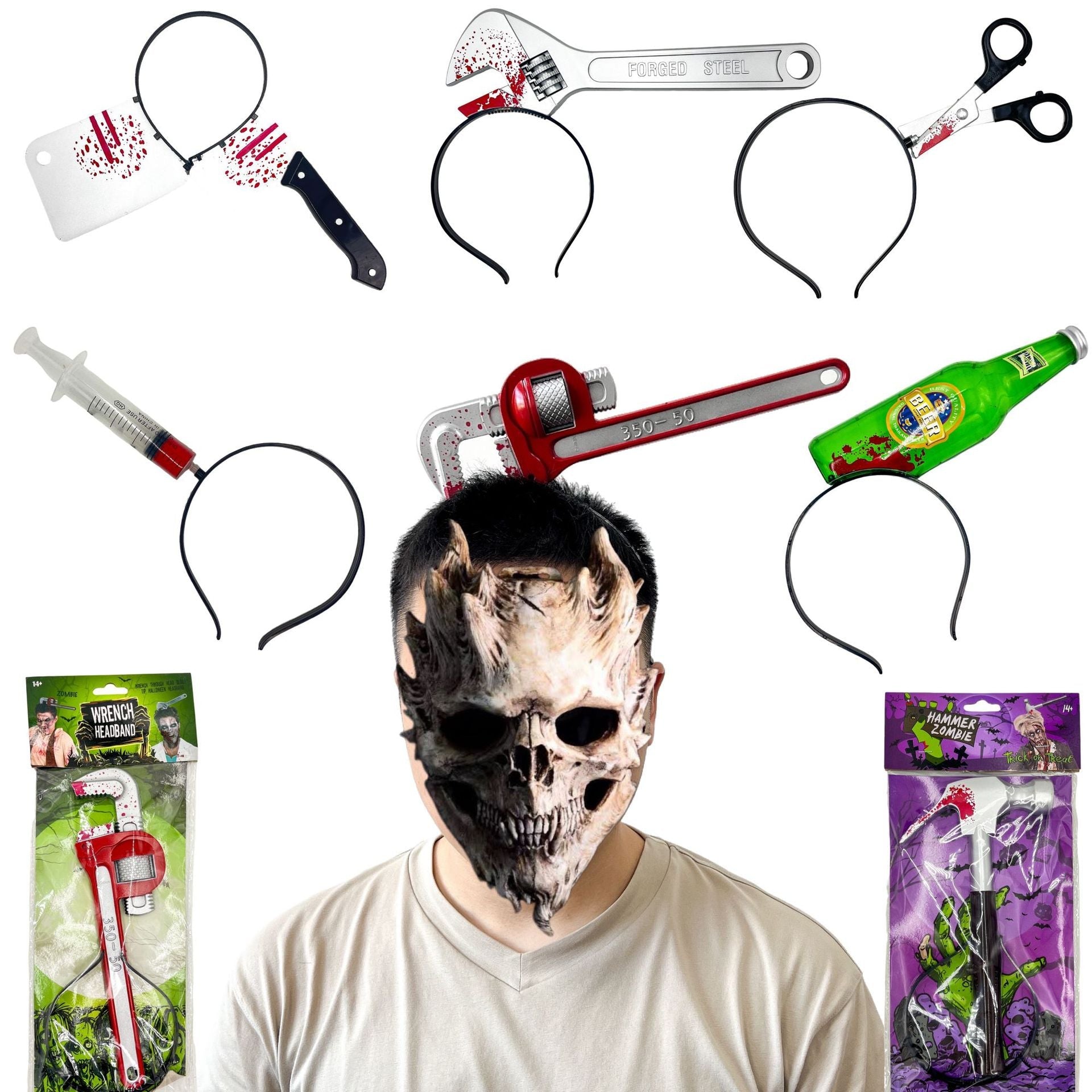 Realistic Knife & Axe Through the Head Prank Headband