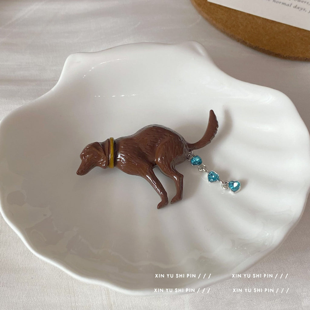 Creative and Cute Dog Brooch with Gemstone "Poop" Design
